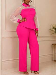 Women's Autumn 2 Pieces Set Top, Business Church Office Commute Outfit Elegant - Hot Pink - View 6