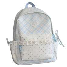 1pc Plaid & Polka Dot Patchwork Backpack, Sweet College Style With Ruffle Front Pocket & Heart Embroidery, Suitable For Campus Daily Commute - Multicolor - View 12
