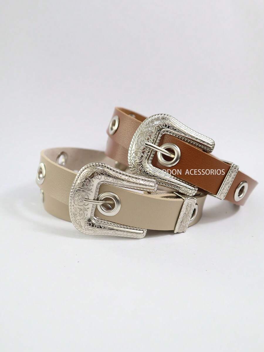 2.5CM Women's Belt With Metal Eyelets Boho Summer Gift - 米色+棕色 - 查看 1