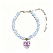1pc Elegant Faux Pearl Pet Collar, Shiny Pink Heart-Shaped Rhinestone Pendant Necklace, Adjustable Extension Chain, Easy To Wear Decorative Neck Accessory, Suitable For Small Dogs And Cats, Birthday Holiday Photo Prop, Pet Grooming Supplies - Multicolor - View 6