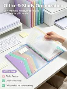 3Pcs Multi‑Color A4 11‑Hole Snap Button File Pouches, Transparent PP Binder Insert Pockets, Document Organizer For Back To School Student Office Supplies,Document Folder - Sets - View 4