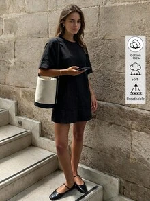 DORISS 夏季休閒街頭棉麻洋裝，圓領寬鬆版型，通勤度假辦公短袖迷你洋裝，黑色優雅 - 黑色 - 查看 1
