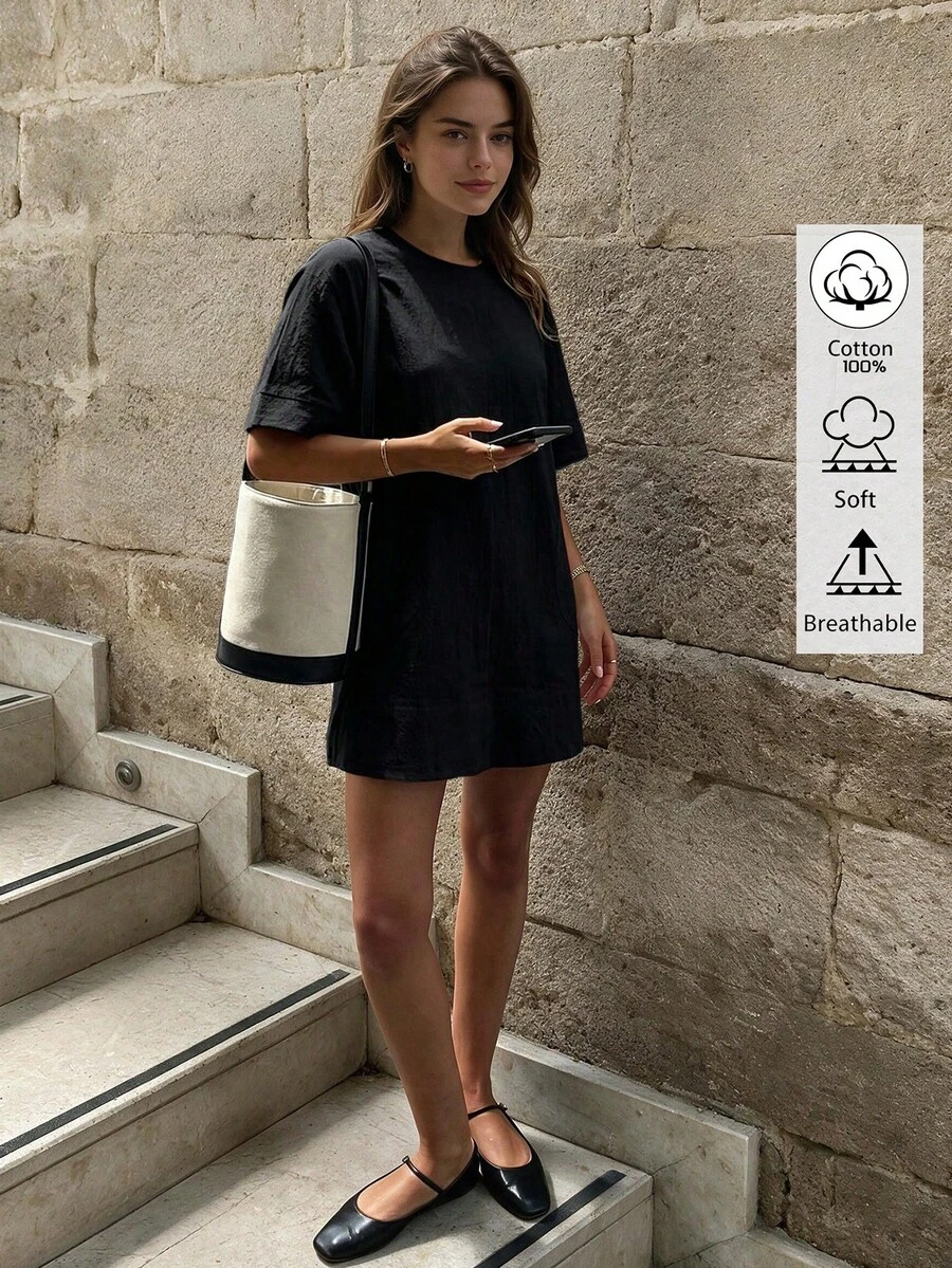 DORISS 夏季休閒街頭棉麻洋裝,圓領寬鬆版型,通勤度假辦公短袖迷你洋裝,黑色優雅 - 黑色 - 查看 1