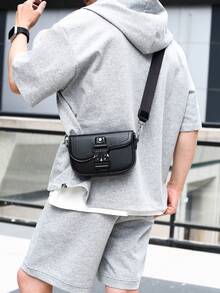 Vintage Saddle Bag Unisex Couple Crossbody Small Bag, Functional Style, Textured Litchi Grain Fabric, Personalized Metal Buckle Flap Design, Travel - Multicolor - View 8