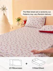 2/3 Piece Candy Cane Print Bed Sheet Set, Mattress Protector, Mattress Cover, Fits All Bed Sizes - Twin, Full, Queen, King, Fits 9-12 Inch Deep Mattresses, Machine Washable, Suitable For Home Bedding And Student Dorms - Multicolor - View 2
