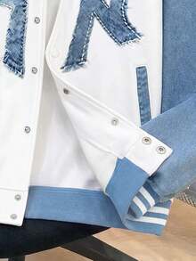 Jaket Baseball Berkerudung Anak Laki-laki Musim Semi/Gugur, Jaket Anak dengan Efek Denim, Cetakan Digital Blok Warna, Huruf, dan Kancing Jepret. - Biru - View 5