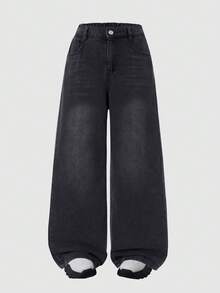 Girls' Casual Straight Leg Denim Jeans With Front Button And Pockets, Everyday Wear - Black - View 2