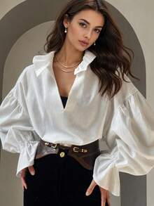 Autumn Fashion Retro Textured Women's Blouse, Deep V-Neck, Flowy Bell Sleeves, Elegant Autumn Fashion Women's Top White - White - View 2