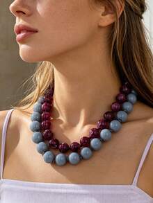 OABE 2pcs/Set Bohemian Style Grey & Purple Double Layer Beaded Necklace Set, Suitable For Women's Daily Wear - Multicolor - View 8