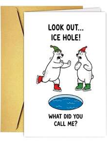 1Pc Fun Christmas Card For Friends And Colleagues - Polar Bear Skating Cartoon Illustration, Holiday Humor, Thick Version, Comes With Envelope - View 3