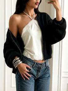 Women's Summer Top, Minimalist Lace Trim Satin Halter Neck Top, Going Out, Date, Vacation, Travel, Tops, Halter Cami, Satin, Y2K, Coquette, Old Money, Date Night - Apricot - View 3