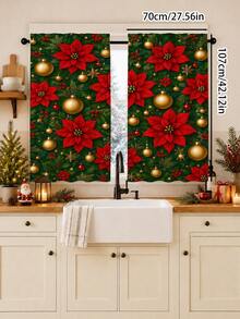 2pcs Christmas Holiday Theme Decorative Curtains, Christmas Poinsettia, Gold Christmas Ball Pattern, Suitable For Home Decor, Window Decoration, Christmas Holiday Home Atmosphere Decoration - Multicolor - View 16