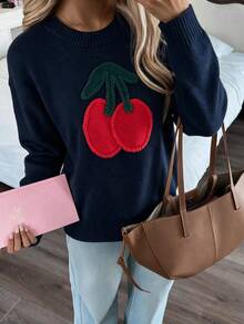 Sweater Wanita Warna Biru Tua dengan Bordir Tali 3D Motif Ceri, Lengan Panjang Longgar, Cocok untuk Kembali ke Sekolah, Musim Gugur/Dingin, Atasan Rajut - Navy Blue - View 7