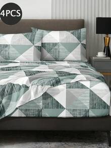 Set Sprei 4pcs Motif Segitiga Geometris Hijau & Abu-abu, Set Sprei Mikrofiber Super Lembut dan Mudah Perawatan (1 Sprei Datar + 1 Sprei Fitted + 2 Sarung Bantal), Cocok untuk Kasur Ukuran King/Queen/Full, Cocok untuk Kasur 11,8 inci, Bernapas & Tahan Kerut, Motif Geometris - Hijau - View 2