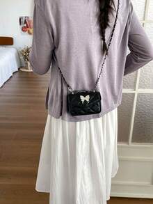 Fashionable Bow Element Shoulder Bag, Minimalist Versatile Sweet Small Square Bag With Quilted Design And Chain Crossbody Strap - Black - View 11