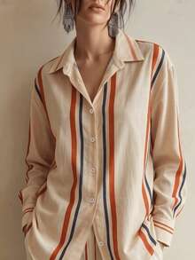 Fall Women Vintage Casual Elegant Colorful Striped Matching Outfit Collar Long Sleeve Shirt High Waist Wide Leg Pants 2 Pieces Suit - Multicolor - View 8