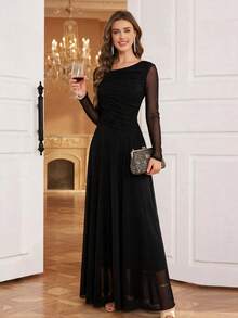 Elegant Black Asymmetric Neck Sheer Mesh Long Sleeve Maxi Dress, Ruched Waist Flowy Formal Gown For Fall Wedding Guest, Thanksgiving, Halloweenr Party - Black - View 3
