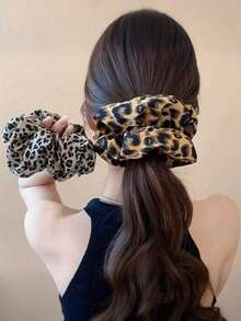 2 Pcs Leopard Print Hair Scrunchies, Leopard Print Hair Band For Women, Elastic Hair Ties, Fashion Dark Design, Suitable For Ponytails And Buns - 2-pack Leopard Print - View 2