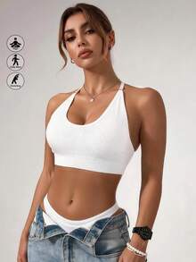 Runway Rest 1pc Women's Solid Color Halter Neck Sports Bra, Removable Padding Fitness Yoga Backless Comfortable Sports Underwear - White - View 1