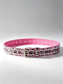 1pc Double Row Pyramid Studded Pink Fuzzy Leopard Belt Women Y2K Punk Decorative Waist Belt - Multicolor - View 4