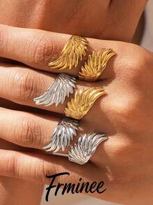 Frminee 3pcs/1pc Women's Stainless Steel Feather Wing Ring, 18K Gold/Silver Adjustable Open Statement Ring, Waterproof Bohemian Angel Wing Jewelry - Multicolor - View 4