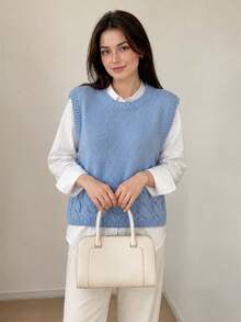 Wixra Women's Crew Neck Cable Knit Sleeveless Sweater Vest, Loose Fit Solid Knit Waistcoat Top - Dusty Blue - View 5