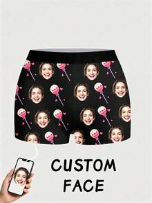 1pc Women's Customized Face & Lollipop Print -Corner Panties, Personalized Soft Casual Underwear - Black - View 1