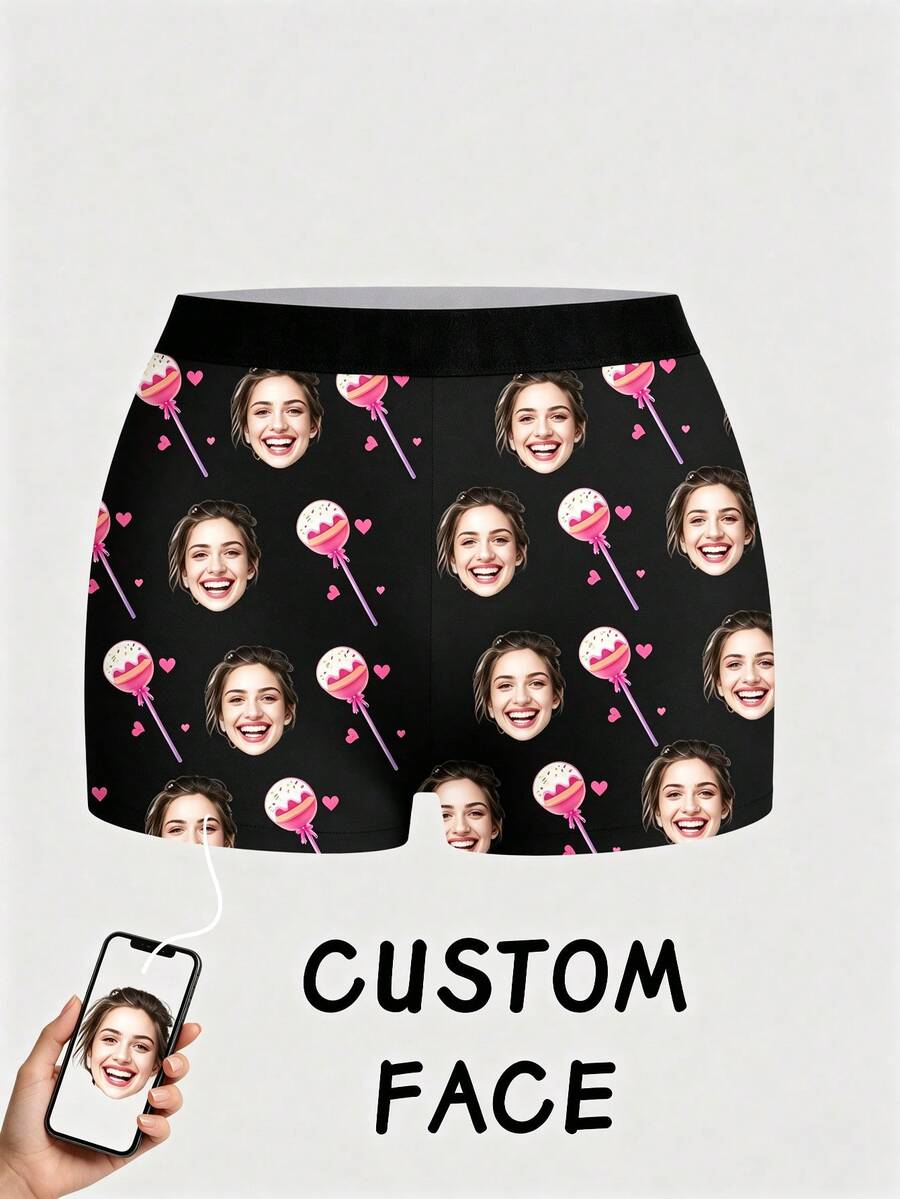 1pc Women's Customized Face & Lollipop Print -Corner Panties, Personalized Soft Casual Underwear - Black - View 1