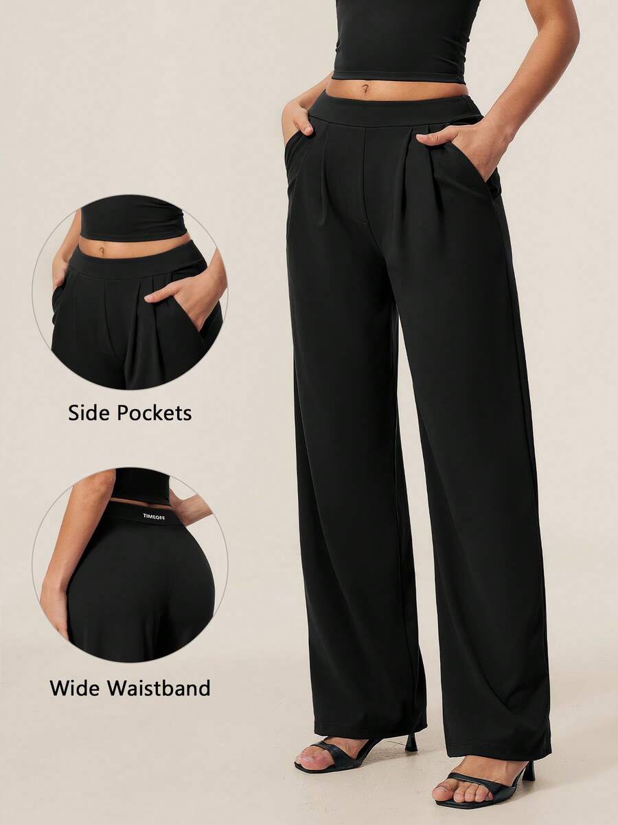 TimeOff Women's 1pc Solid Color Autumn/Winter Pleated Front Side Pocket Straight Leg Wide Leg Pants - Black - View 1
