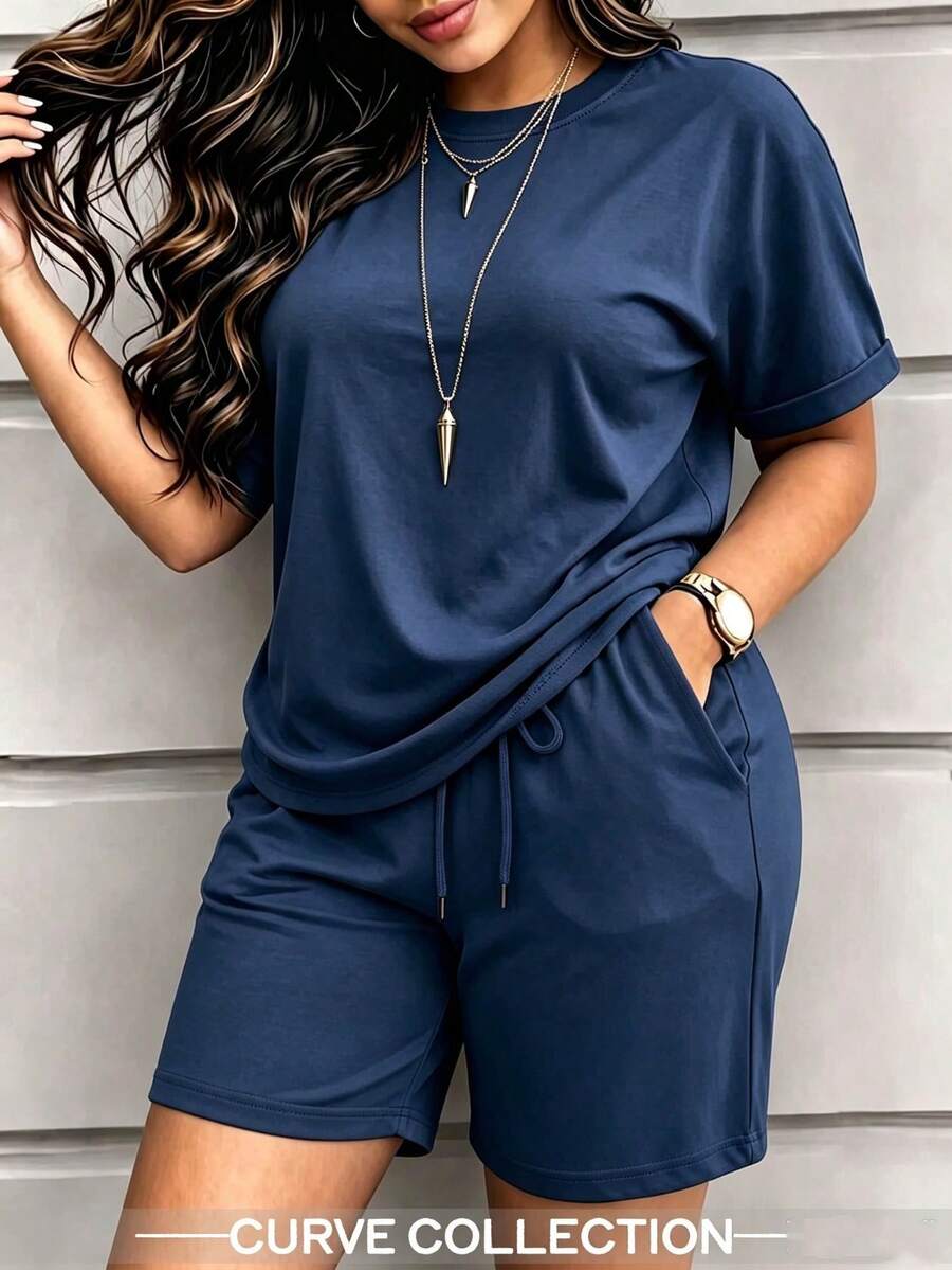 Spring/Summer/Autumn Plus Size Women's Solid Color Short Sleeve Vintage Round Neck T-Shirt & Elastic Waist Drawstring Shorts, Minimalist Sporty Casual Knit 2 Pieces Set, Elegant Relaxed Vacation & Home Wear, PJ-Style Outfit, Suitable For Outdoor, Sports, Workout, Running, Beach, Home And More - Dark Blue 46 - View 1