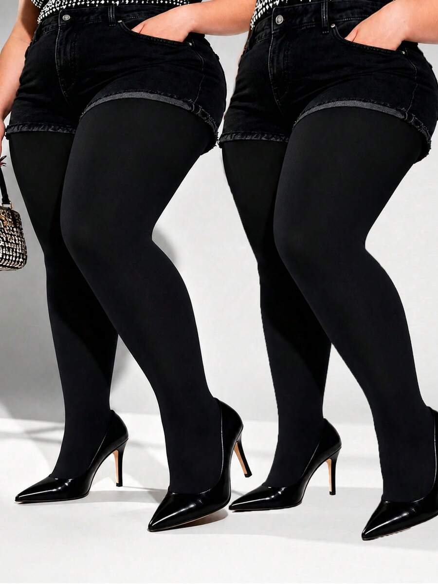 2 Pairs Women's High Elastic Plus Size Shiny Silk Texture Tight Tights - Black - View 1