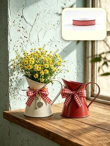Rust-Proof Iron Flower Pot, Vintage Galvanized Red And White Farmhouse Style Planter With Spotted Finish, Square Bow And Heart-Shaped Key Pendant, Suitable For Entryway, Kitchen And Shelf Indoor Decoration, Perfect Holiday Gift For Plant And Home Decor Enthusiasts - Multiple Styles - View 1