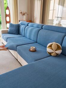 1pc Solid Color Elastic Sofa Cover, All-Season Warm & Comfortable Minimalist Ins Style Pet-Friendly Stretch Slipcover, Machine Washable Universal Sofa Protector For Living Room Bedroom Study, 1-2-3-4 Seater With Armrests & Backrest - Blue - View 5