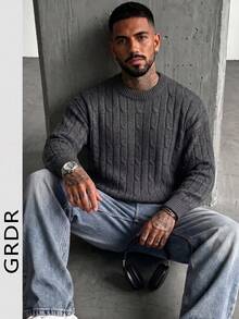 GRDR Men's Casual Cable Knit Crew Neck Long Sleeve Sweater - Grey - View 5