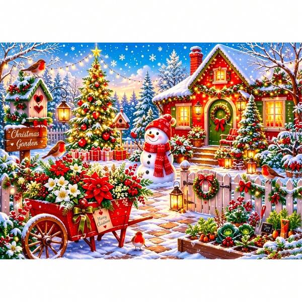 5D DIY Diamond Painting Kit, Christmas Garden Cottage Snowman Floating Christmas Tree Horizontal Round Frameless Diamond Art