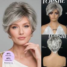 Wig Campuran Rambut Manusia Pendek Bervolume Potongan Pixie Abu-abu Garam dan Merica Tanpa Lem, Poni Samping yang Sudah Ditata, Penutup Kepala Bernapas untuk Wanita Dewasa, Pemakaian Sehari-hari - MultiWarna - View 1