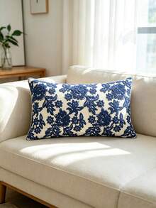 1pc Embroidered Floral Pattern Decorative Pillow Cover, Multi-Size & Multi-Applicable, Without Pillow Insert - Navy Blue - View 5