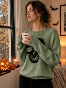 Plus Size Women's Autumn/Winter Sweater, New Fashionable Casual Y2K Skull Cute Jacquard Knit Crew Neck Long Sleeve Pullover Sweater Top, Suitable For Daily, Commute, Party, Halloween, Christmas, Thanksgiving, Street Photography - Green - View 11