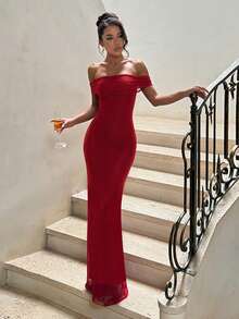 Autumn Solid Color Mesh Off-Shoulder Slit Dress, Elegant Dress For Party And Date - Burgundy - View 4