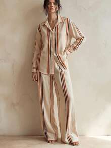 Fall Women Vintage Casual Elegant Colorful Striped Matching Outfit Collar Long Sleeve Shirt High Waist Wide Leg Pants 2 Pieces Suit - Multicolor - View 5