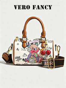 Fashionable Artificial Leather Graffiti Cute Bear Cartoon Handbag, Portable Vintage Shoulder Bag, Suitable For Work, Commuting, Shopping, Crossbody - Multicolor - View 1