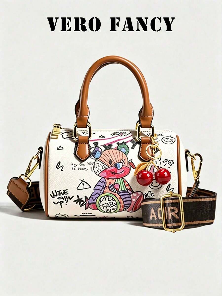 Fashionable Artificial Leather Graffiti Cute Bear Cartoon Handbag, Portable Vintage Shoulder Bag, Suitable For Work, Commuting, Shopping, Crossbody - Multicolor - View 1