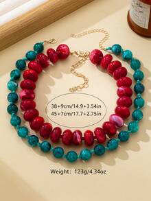 OABE Set Kalung Manik-Manik Bertingkat Gaya Bohemian 2pcs/Set dengan Blok Warna Merah & Hijau, Cocok untuk Pemakaian Sehari-hari Wanita - MultiWarna - View 5