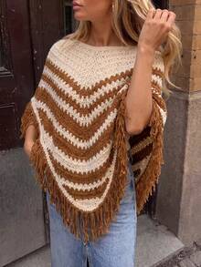 New Bohemian Vintage Loose Fit Sleeveless Horizontal Striped Hem Tassel Design Hollow Texture Breathable Summer Vacation Sweater - Khaki - View 1
