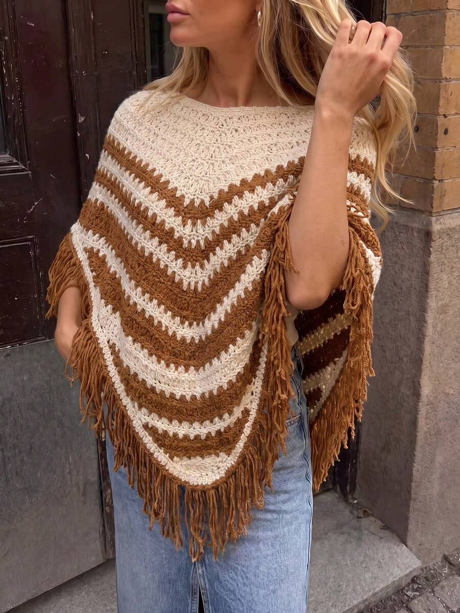New Bohemian Vintage Loose Fit Sleeveless Horizontal Striped Hem Tassel Design Hollow Texture Breathable Summer Vacation Sweater - Khaki - View 1