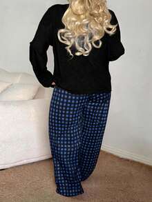 Women's Plus Size Plaid Print Long Sleeve Long Pants Loungewear Set, Autumn/Winter Clothing - Black - View 2