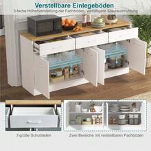 Kitchen Sideboard With 3 Drawers And Adjustable Shelves, 160 Cm Kitchen Island With Wood-Look Countertop, White, 76.5x160x37 Cm - White + Natural - View 3