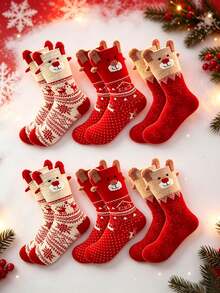 1/3/6 Pairs Of Women's Socks - Multi-Color Cartoon Reindeer 3D Design Fleece Polka Dot Texture Contrast Christmas Soft And Comfortable Mid-Calf Casual Socks For All Seasons - Multicolor - View 2