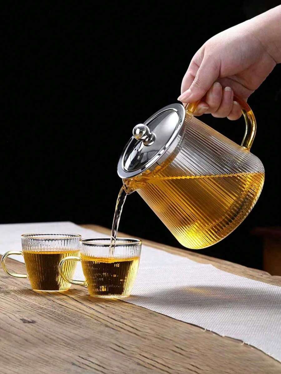 1pc Glass Teapot, Stainless Steel Tea Filter, Flower Teapot With Boiling And Steaming Functions, Suitable For Family Use, Can Withstand Cold And Hot Environment, Tea Set With Vertical Stripe Design, Can Be Heated With Open Fire