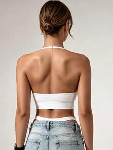 Runway Rest 1pc Women's Solid Color Halter Neck Sports Bra, Removable Padding Fitness Yoga Backless Comfortable Sports Underwear - White - View 4